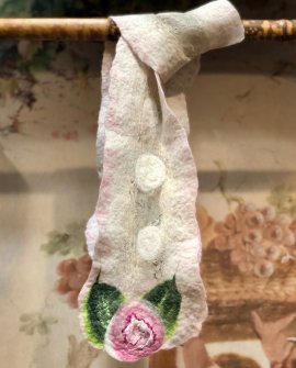 Agnes Foss - Felted Merino Scarf - Pink Roses on White Background with Silk Inserts 